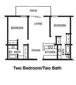 Floor plan for 2 beds, 2 baths, 972 sqft